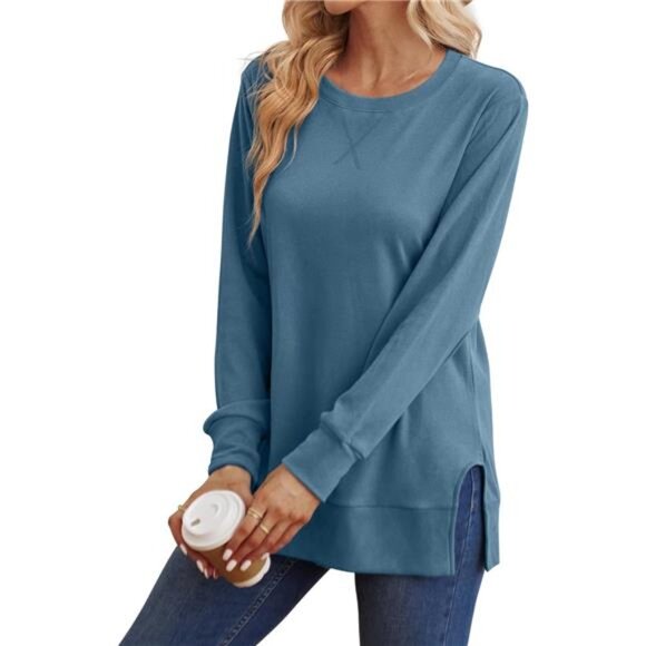 Side Split Hem Sweatshirt – Trendy Long Sleeve Relaxed Fit Top - Picture 2 of 4